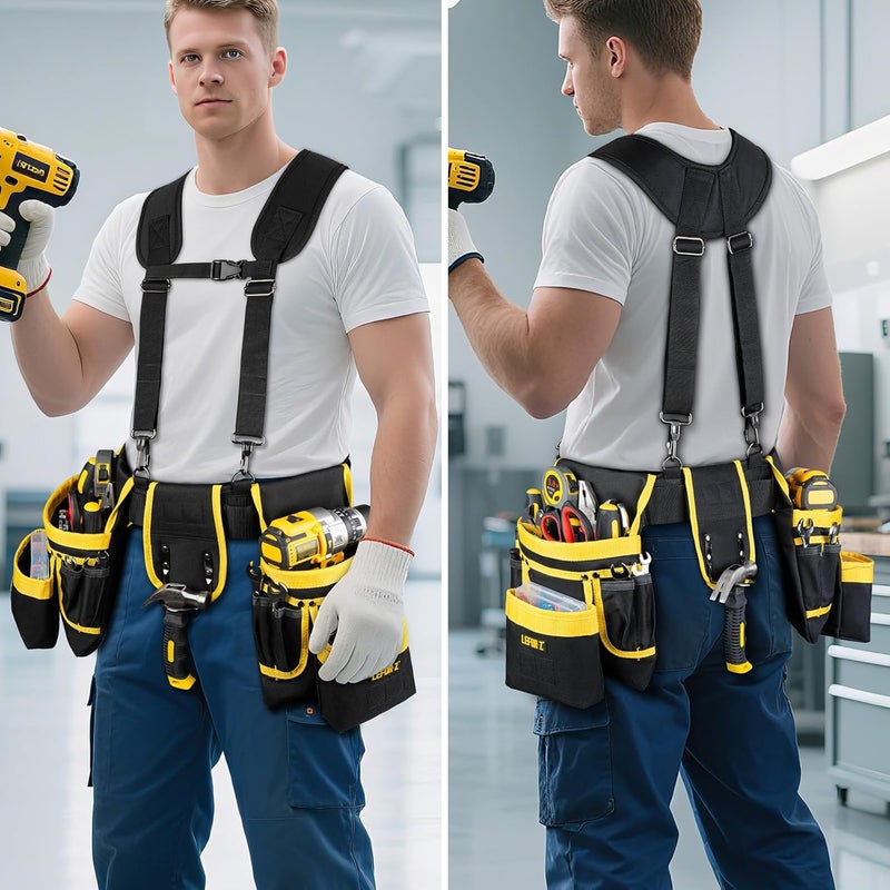 LEFORZ Tool Belt with Suspenders,27-Pockets Heavy Duty Tool Belts for Men with Magnetic Tool Pouch,Detachable & Adjustable Work Belt Bag for Electrician,Carpenter,Construction,Utility Toolbelt,Black,Yellow - Image 4